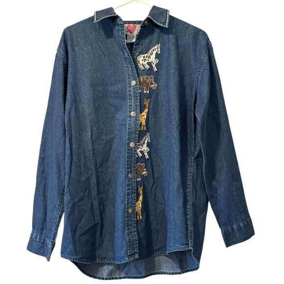 Keren Hart Denim Shirt Women Size‎ Small Embroidered Long Sleeve Safari Read - Picture 1 of 16